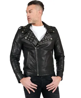 Blouson cuir homme motard noir pas de ceinture avec goujons