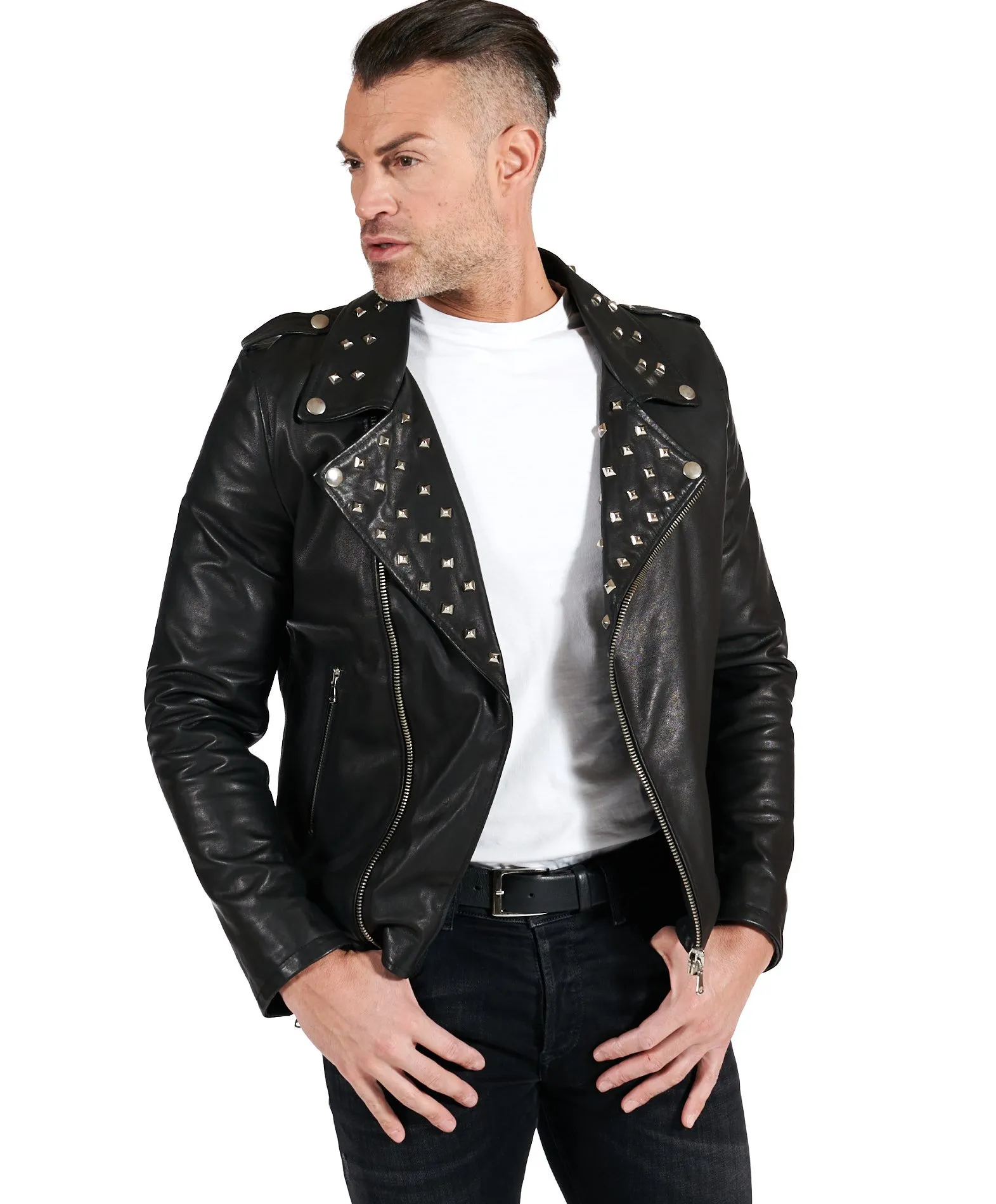 Blouson cuir homme motard noir pas de ceinture avec goujons