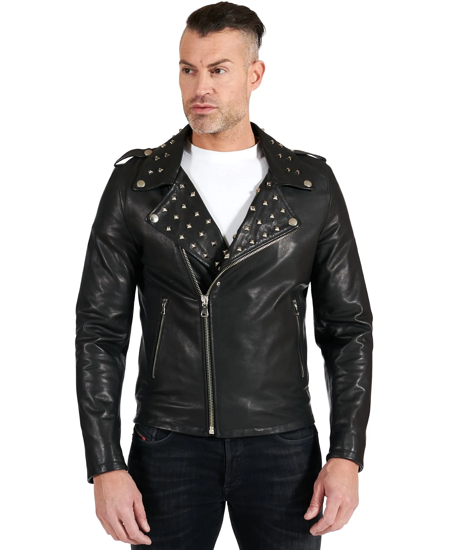 Blouson cuir homme motard noir pas de ceinture avec goujons