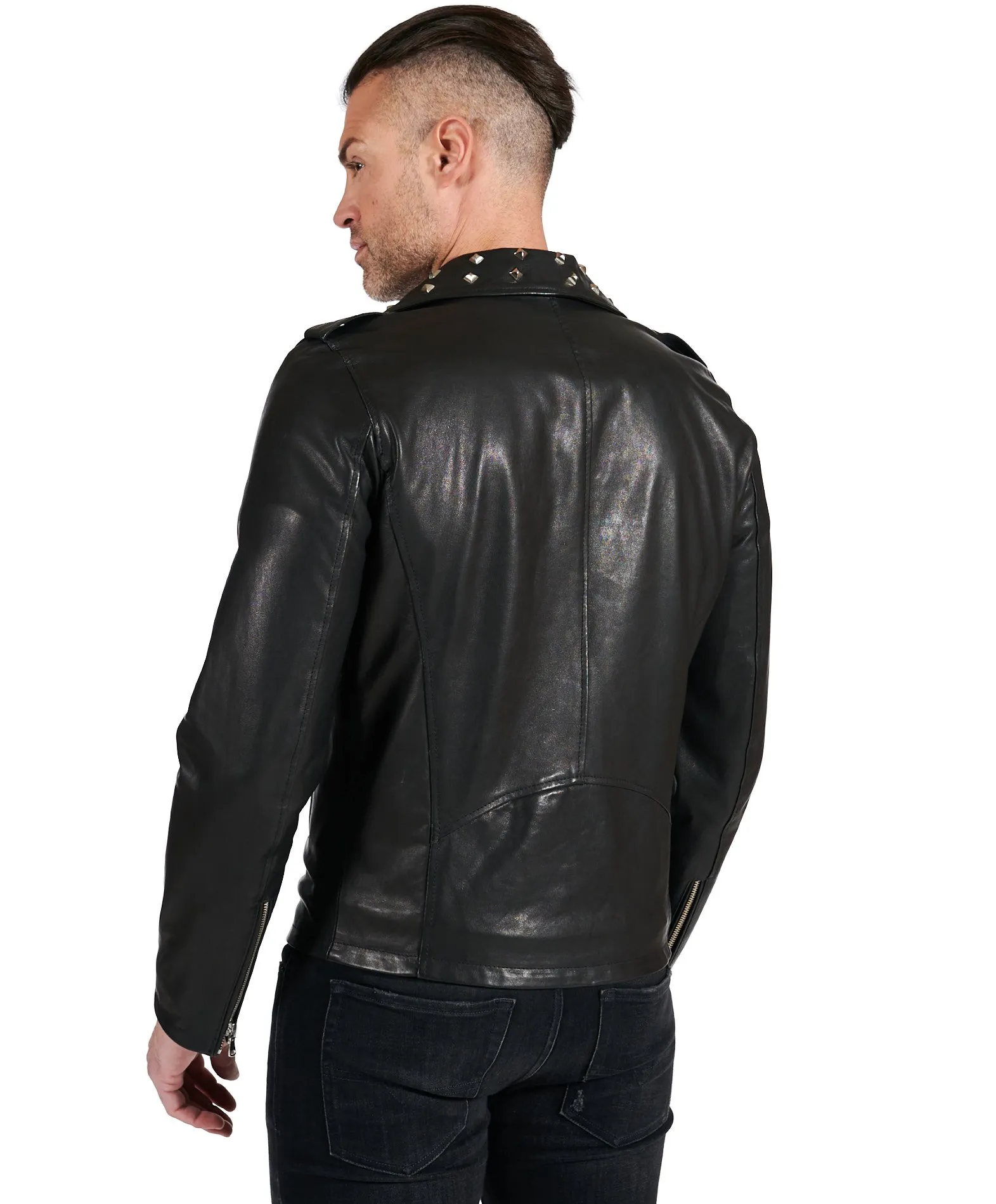 Blouson cuir homme motard noir pas de ceinture avec goujons