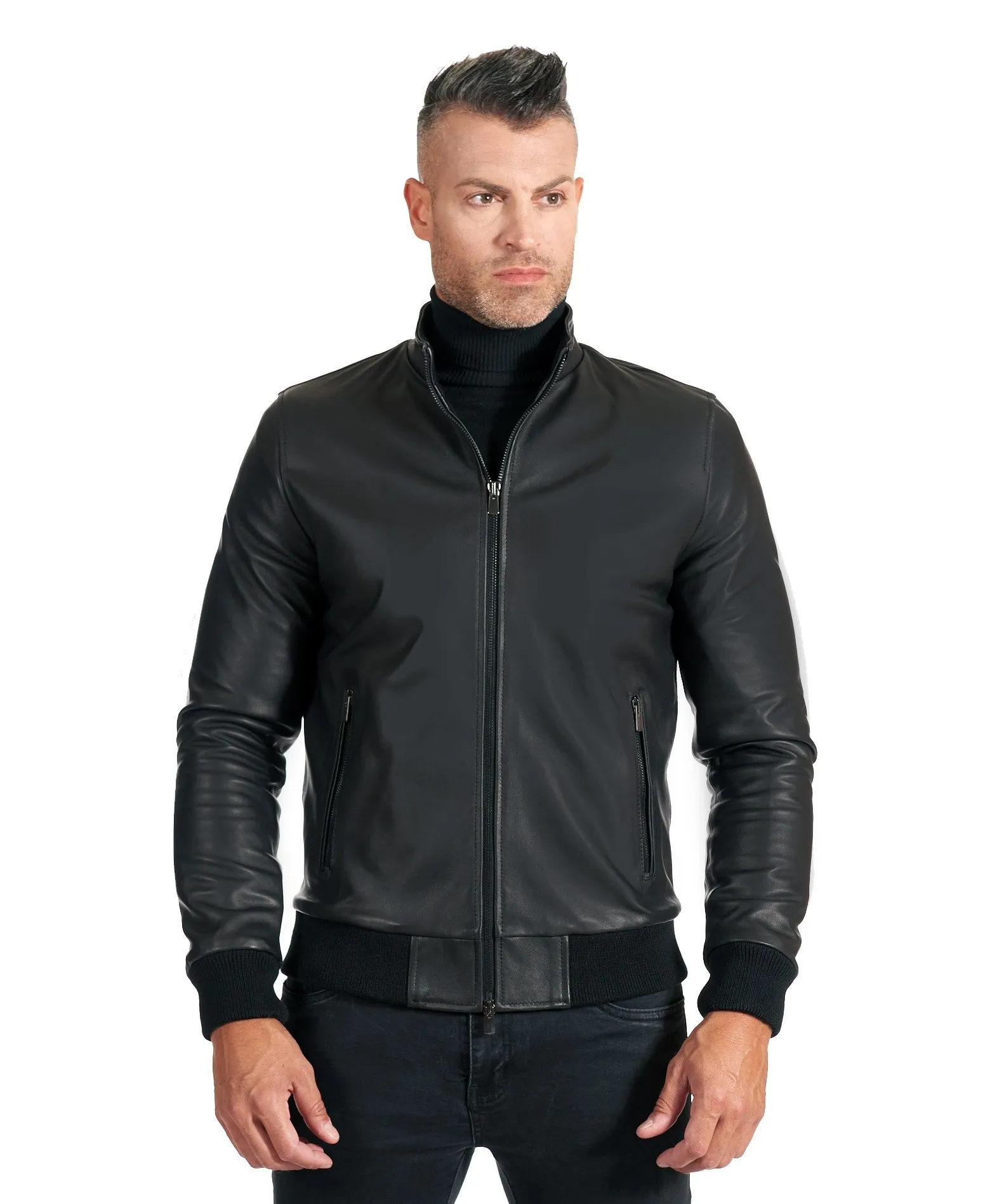 Blouson cuir homme style bomber cuir agneau plongé noir 106