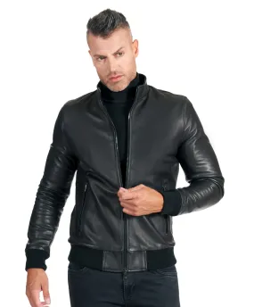 Blouson cuir homme style bomber cuir agneau plongé noir 106