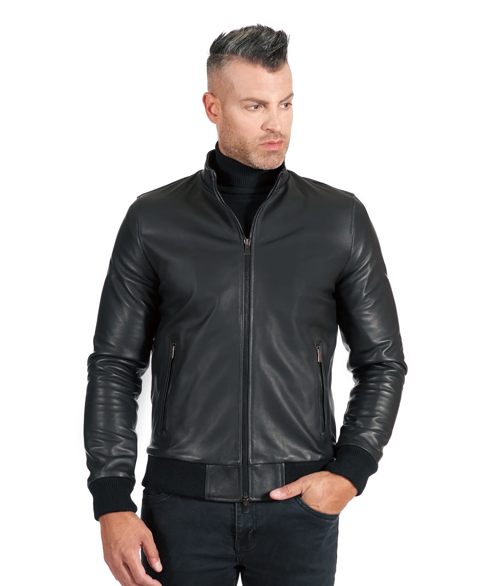 Blouson cuir homme style bomber cuir agneau plongé noir 106