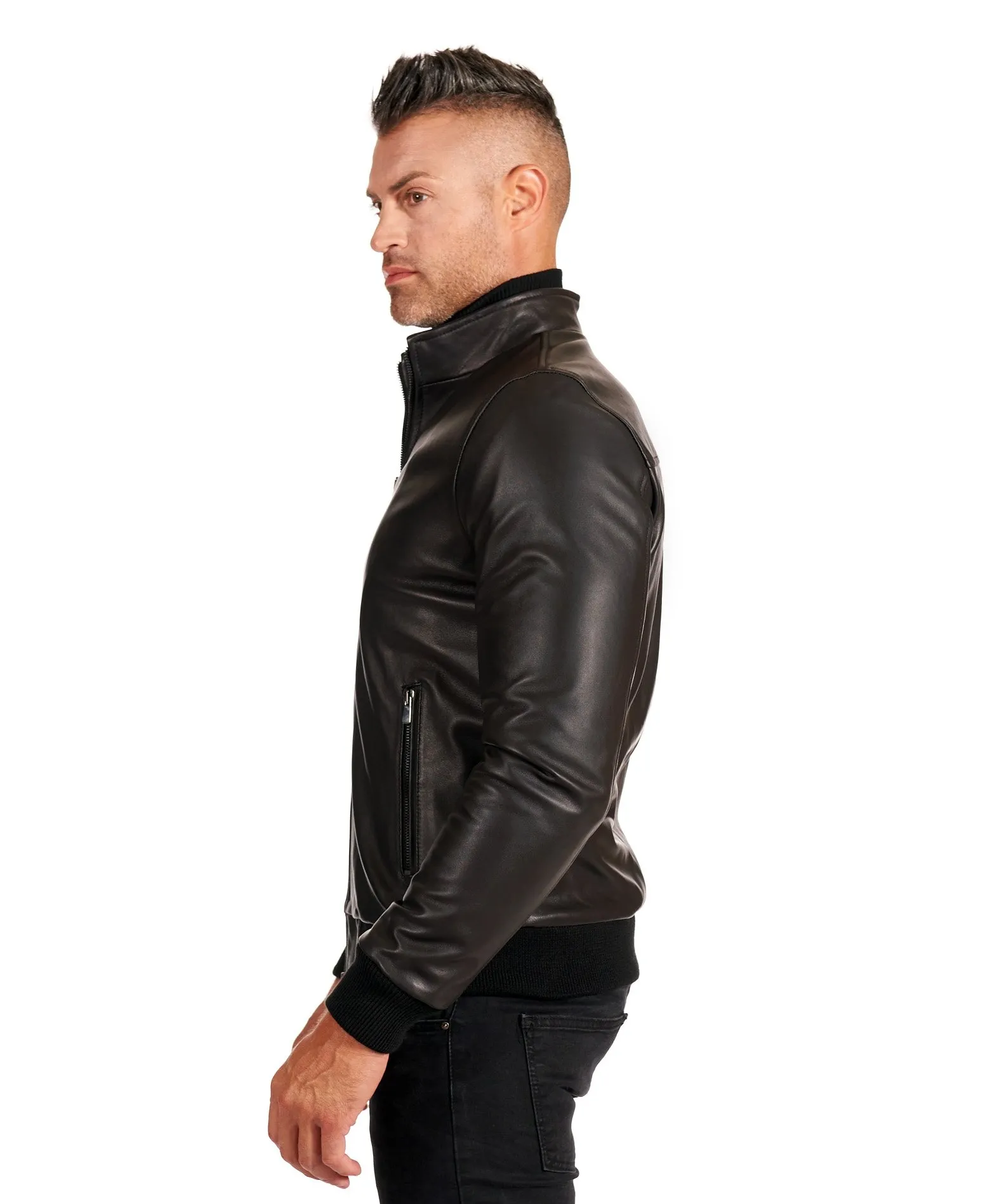 Blouson cuir homme style bomber cuir agneau plongé noir 106