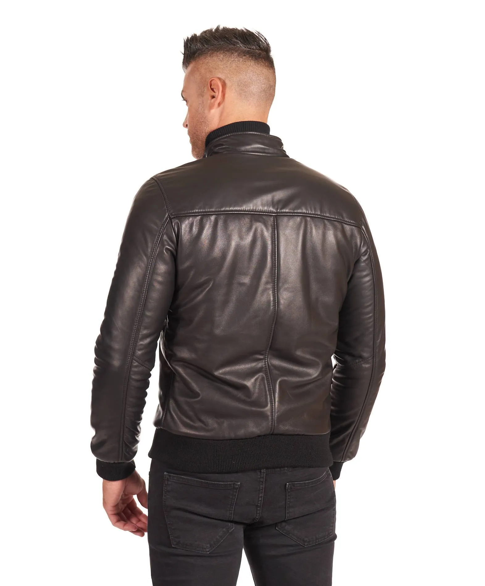 Blouson cuir homme style bomber cuir agneau plongé noir 106