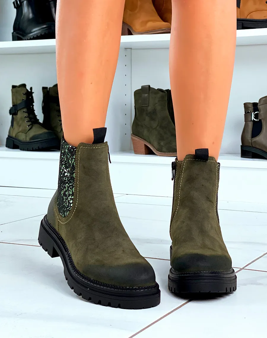 Bottines femme kaki avec détail brillant