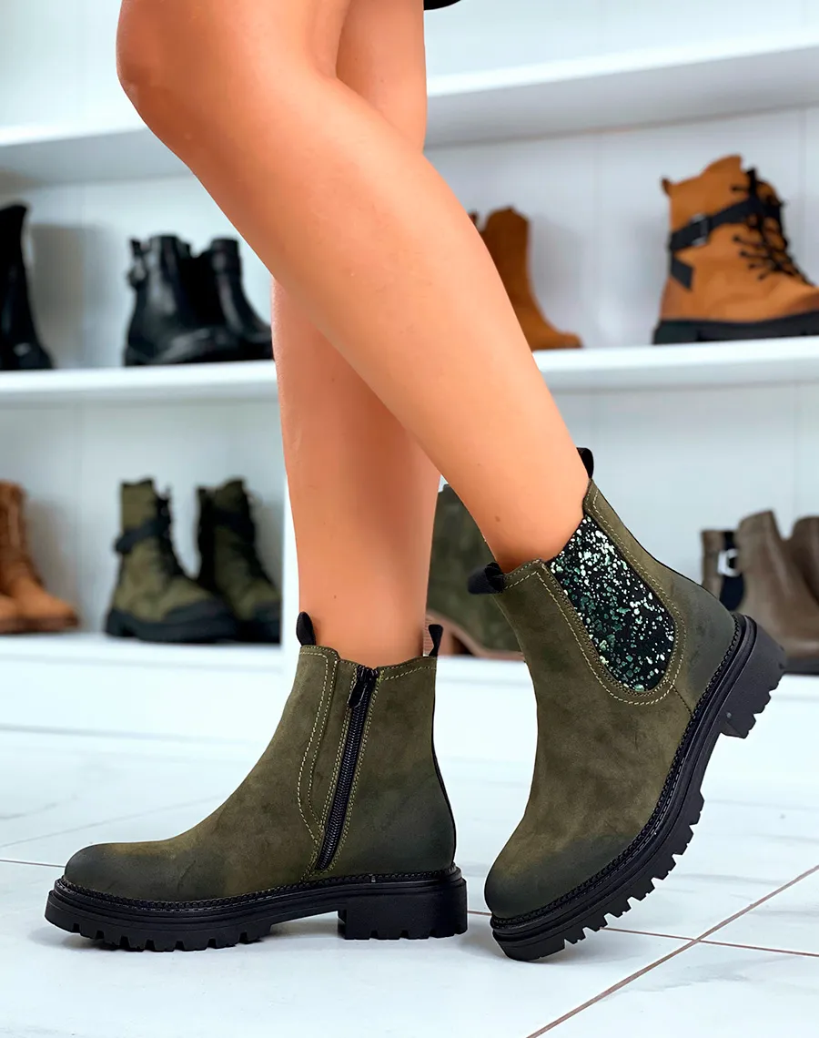 Bottines femme kaki avec détail brillant