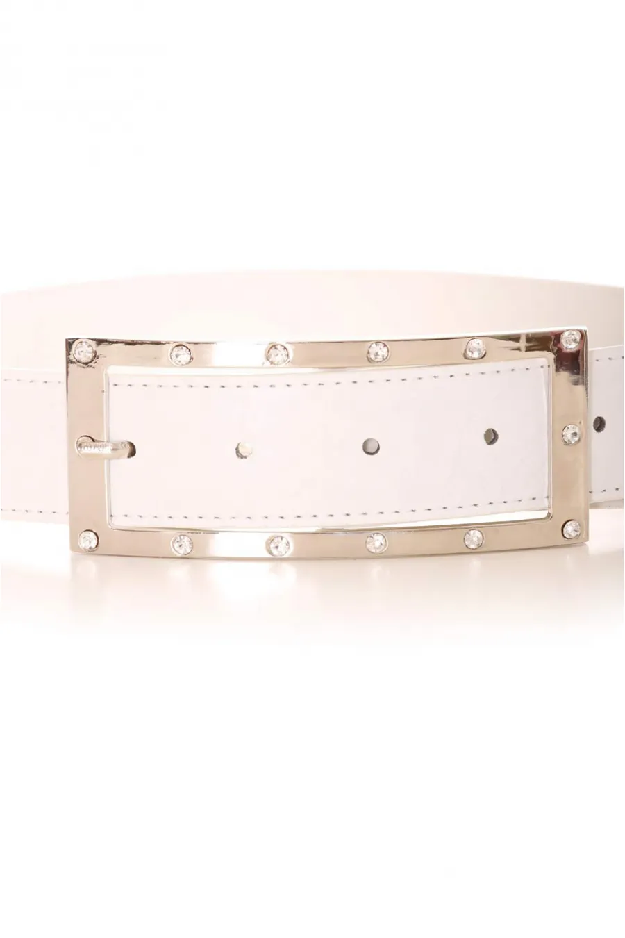 Ceinture blanche avec boucle rectangulaire argentée et strass. Accessoire 9008