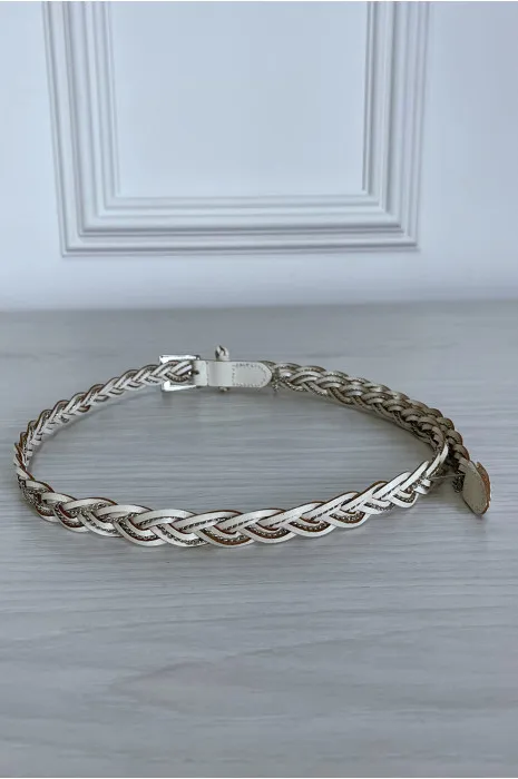 Fine ceinture beige tréssé en simili avec chêne