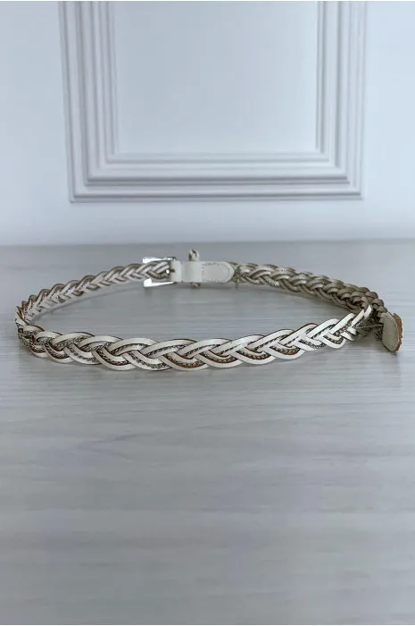 Fine ceinture beige tréssé en simili avec chêne