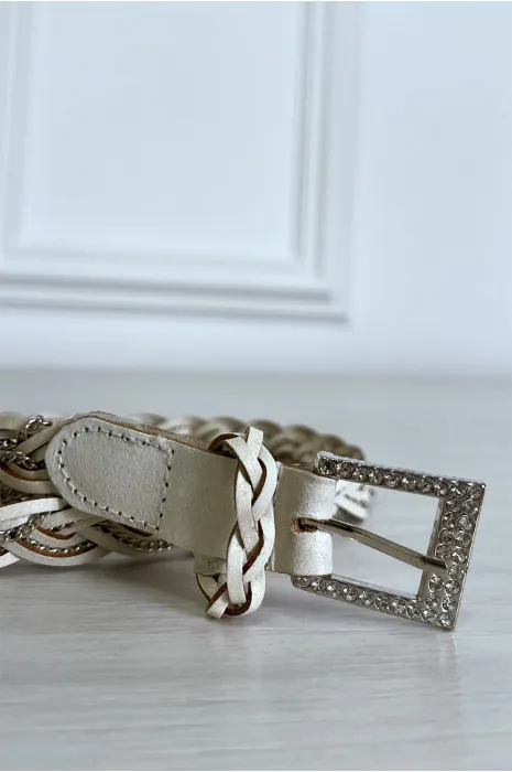 Fine ceinture beige tréssé en simili avec chêne