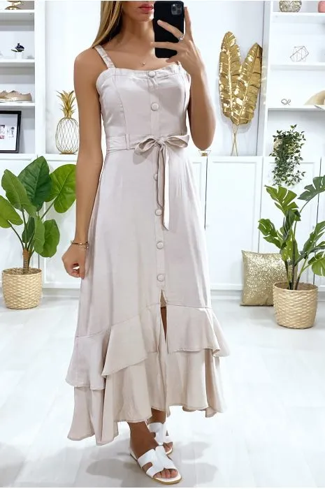 Longue robe beige à bretelle boutonné avec ceinture et volants