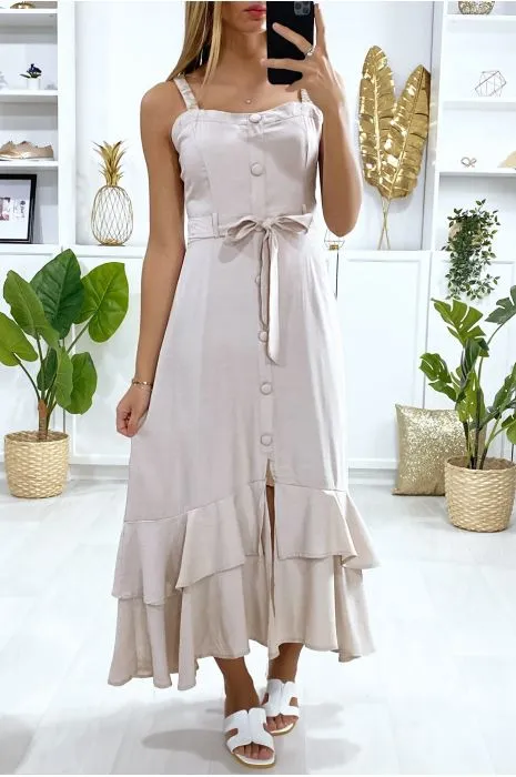 Longue robe beige à bretelle boutonné avec ceinture et volants