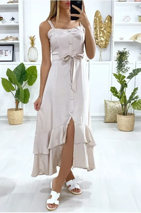 Longue robe beige à bretelle boutonné avec ceinture et volants