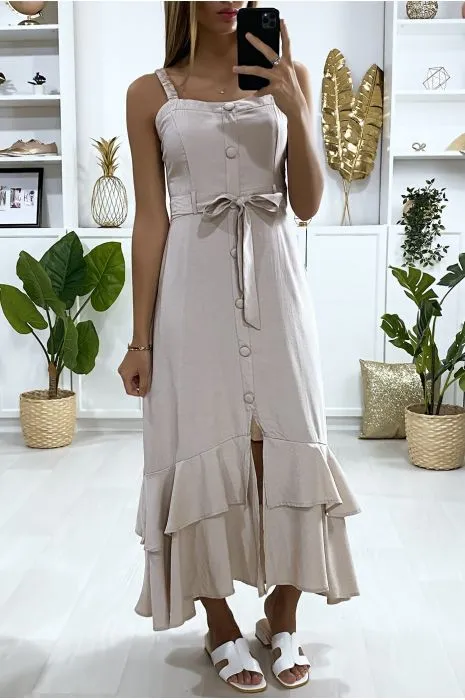 Longue robe beige à bretelle boutonné avec ceinture et volants