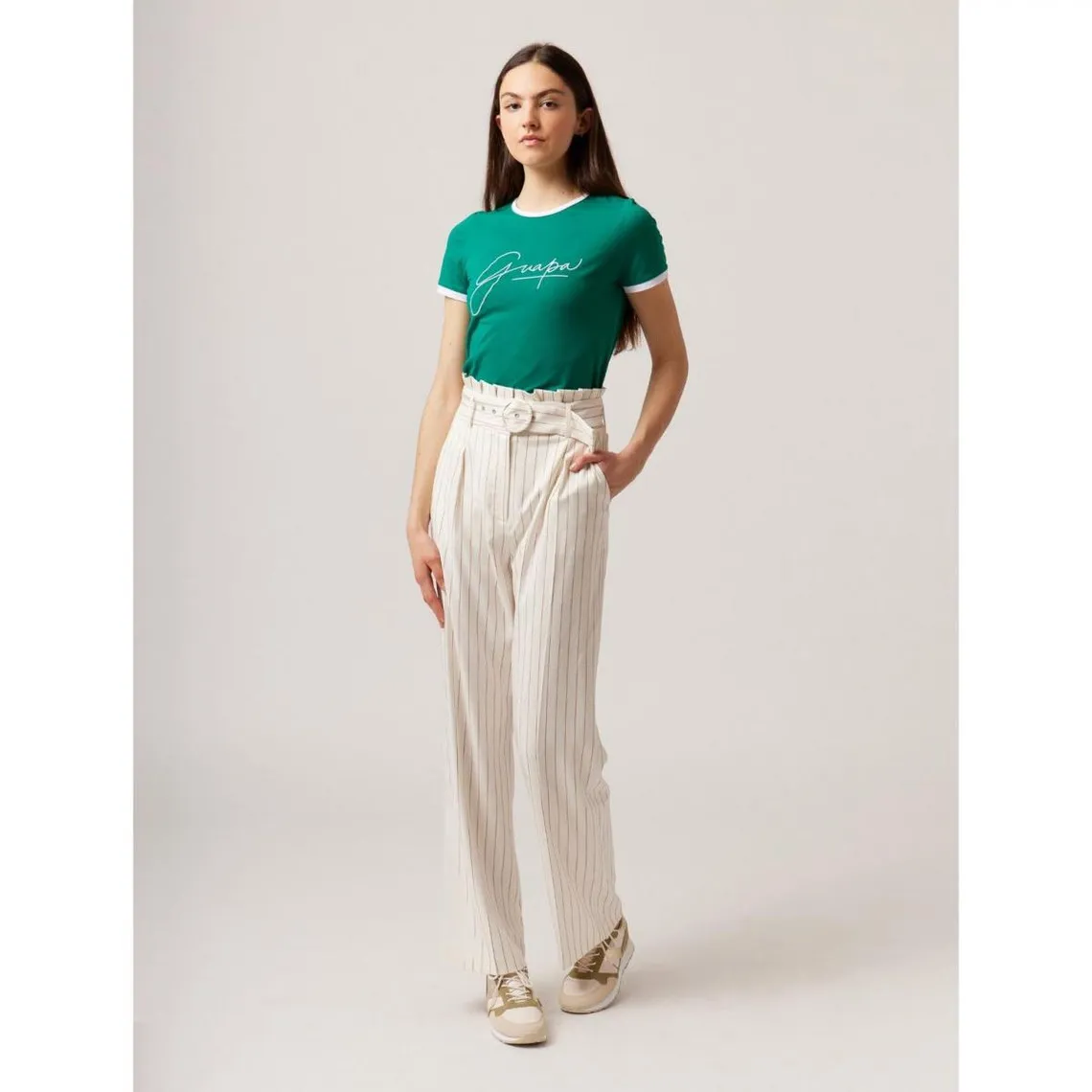 Pantalon large rayé avec ceinture écru en viscose | 3 Suisses