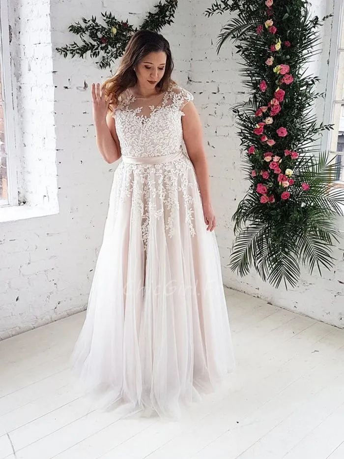 Robe De Mariée Femme Ronde Romantique Tulle Dentelle Avec Ceinture