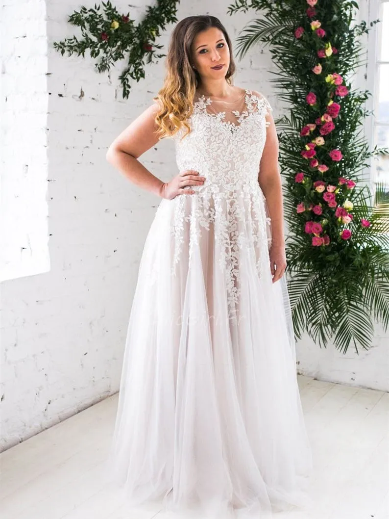 Robe De Mariée Femme Ronde Romantique Tulle Dentelle Avec Ceinture