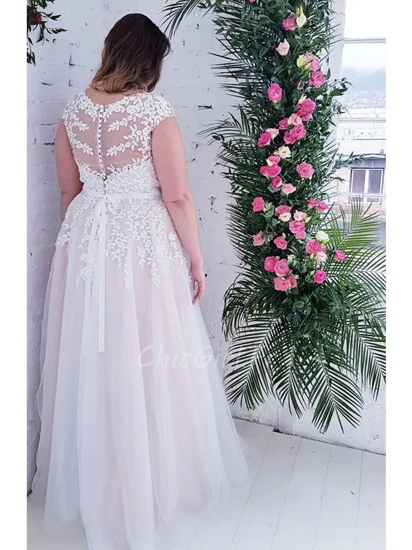 Robe De Mariée Femme Ronde Romantique Tulle Dentelle Avec Ceinture