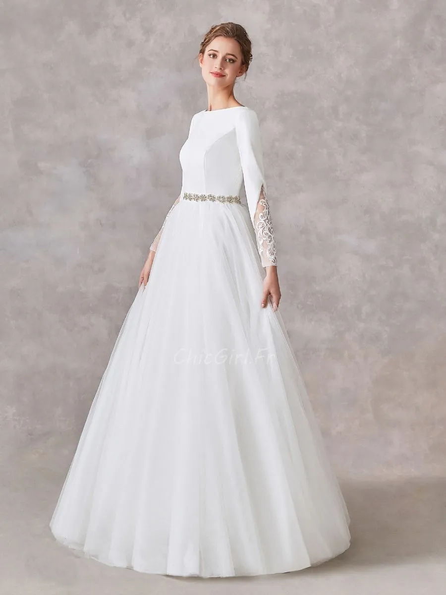 Robe De Mariée Simple et Chic Tulle Manche Longue Col Bateau Avec Strass Ceinture