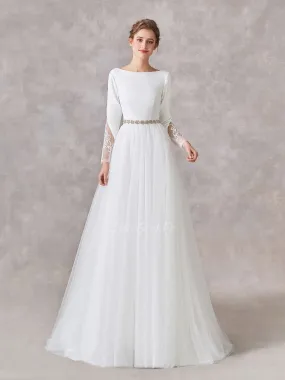 Robe De Mariée Simple et Chic Tulle Manche Longue Col Bateau Avec Strass Ceinture