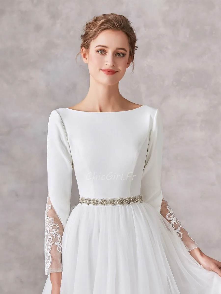 Robe De Mariée Simple et Chic Tulle Manche Longue Col Bateau Avec Strass Ceinture