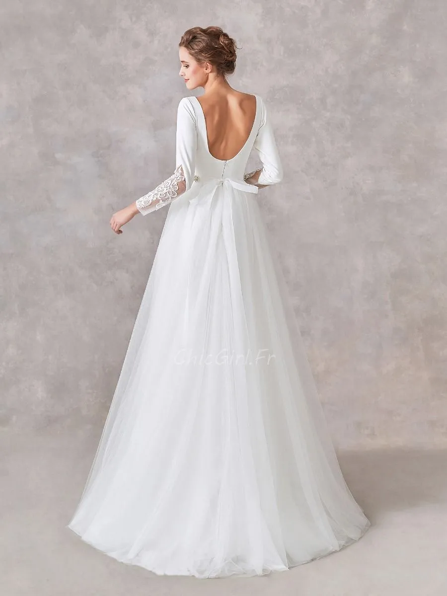 Robe De Mariée Simple et Chic Tulle Manche Longue Col Bateau Avec Strass Ceinture