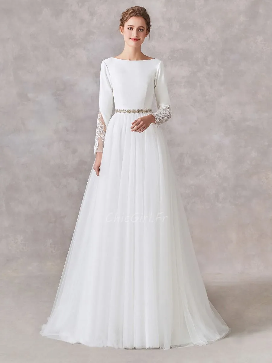 Robe De Mariée Simple et Chic Tulle Manche Longue Col Bateau Avec Strass Ceinture