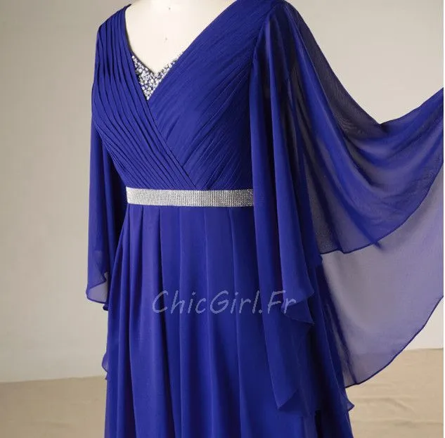 Robe De Soirée Elfique Longue Bleu Roi Mousseline Avec Ceinture Strass