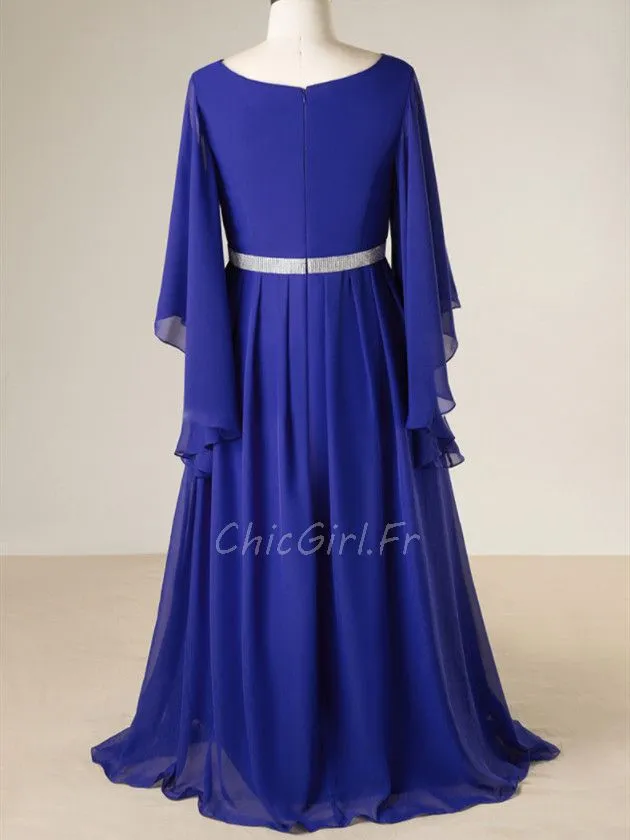 Robe De Soirée Elfique Longue Bleu Roi Mousseline Avec Ceinture Strass