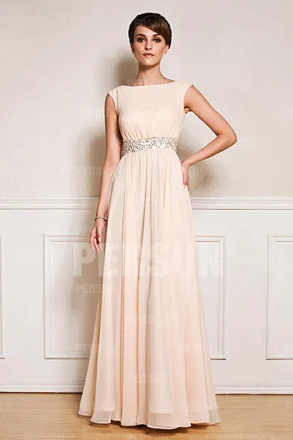 Robe de soirée pour mariage longue encolure bateau avec ceinture ornée de bijoux