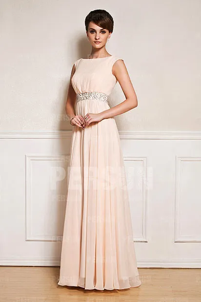 Robe de soirée pour mariage longue encolure bateau avec ceinture ornée de bijoux