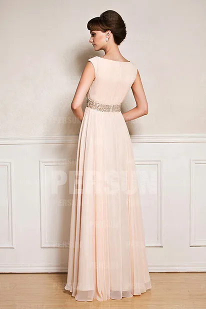 Robe de soirée pour mariage longue encolure bateau avec ceinture ornée de bijoux