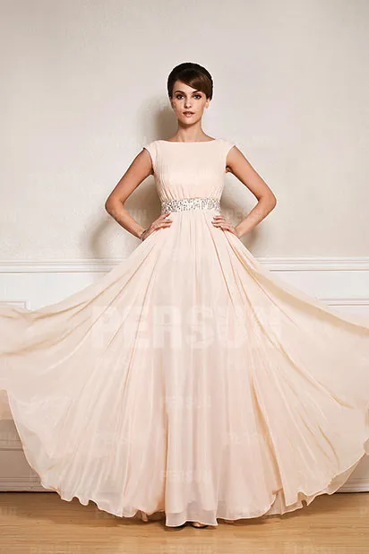 Robe de soirée pour mariage longue encolure bateau avec ceinture ornée de bijoux