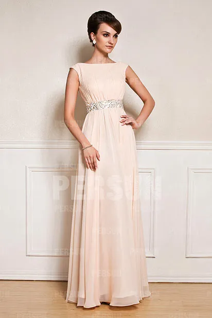 Robe de soirée pour mariage longue encolure bateau avec ceinture ornée de bijoux