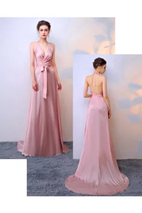 Robe de soirée sexy rose col américain dos nu avec ceinture