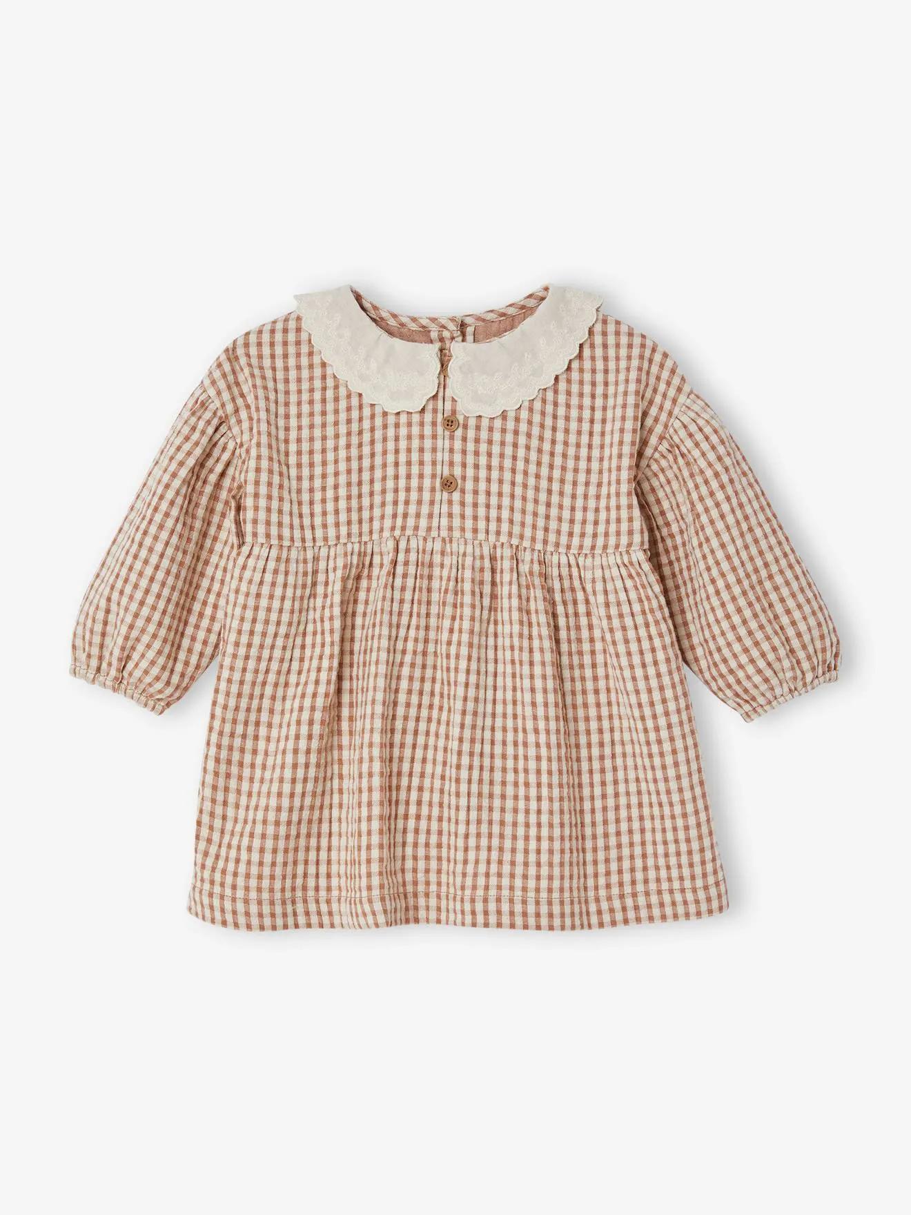 Robe vichy bébé col brodé carreaux marron - Vertbaudet