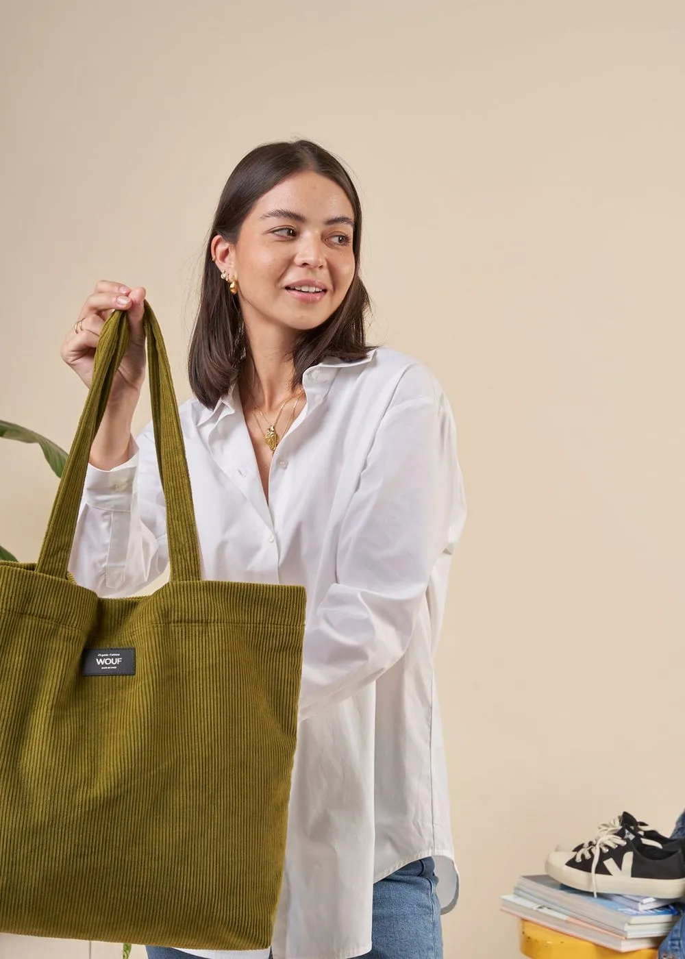 Sac cabas olive en velours de coton bio | "olive tote bag" femme - Wouf